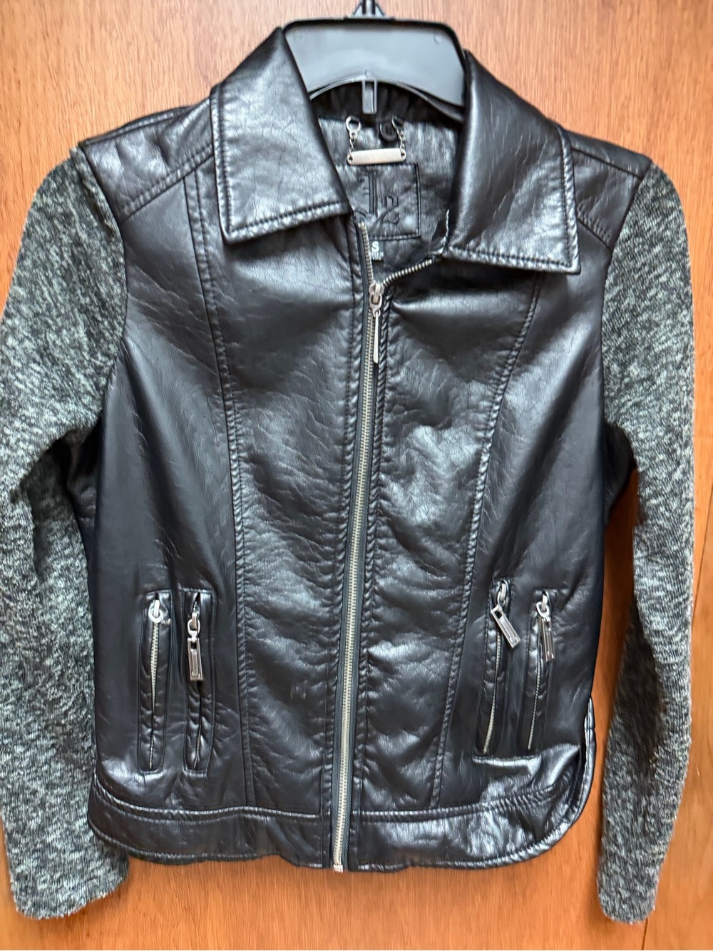 J2 Black Faux Leather Jacket with Gray Knit Sleeves
